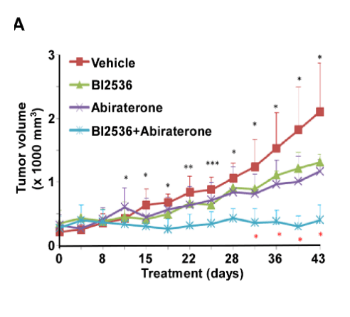 Tumor volume over 43 days of treatment for vehicle, BI2536, abiraterone, and the combination.